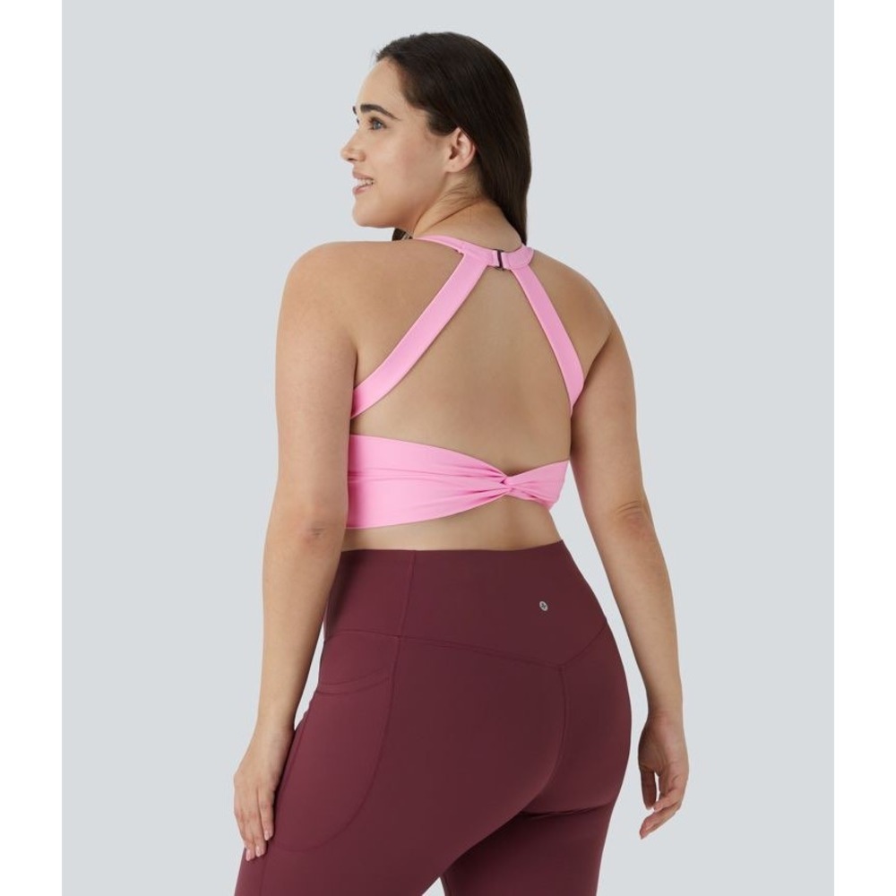 Halara Pink Twist Back Cut Out Sports Bra Crop Tank Top Women L Yoga Pilates